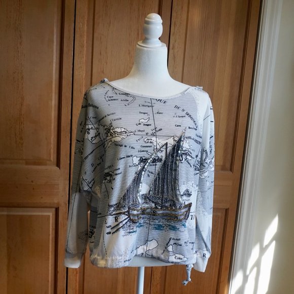 💚 VINTAGE BONNIE BOERER & CO. Beaded Boat/Map Top (M) - Picture 3 of 15